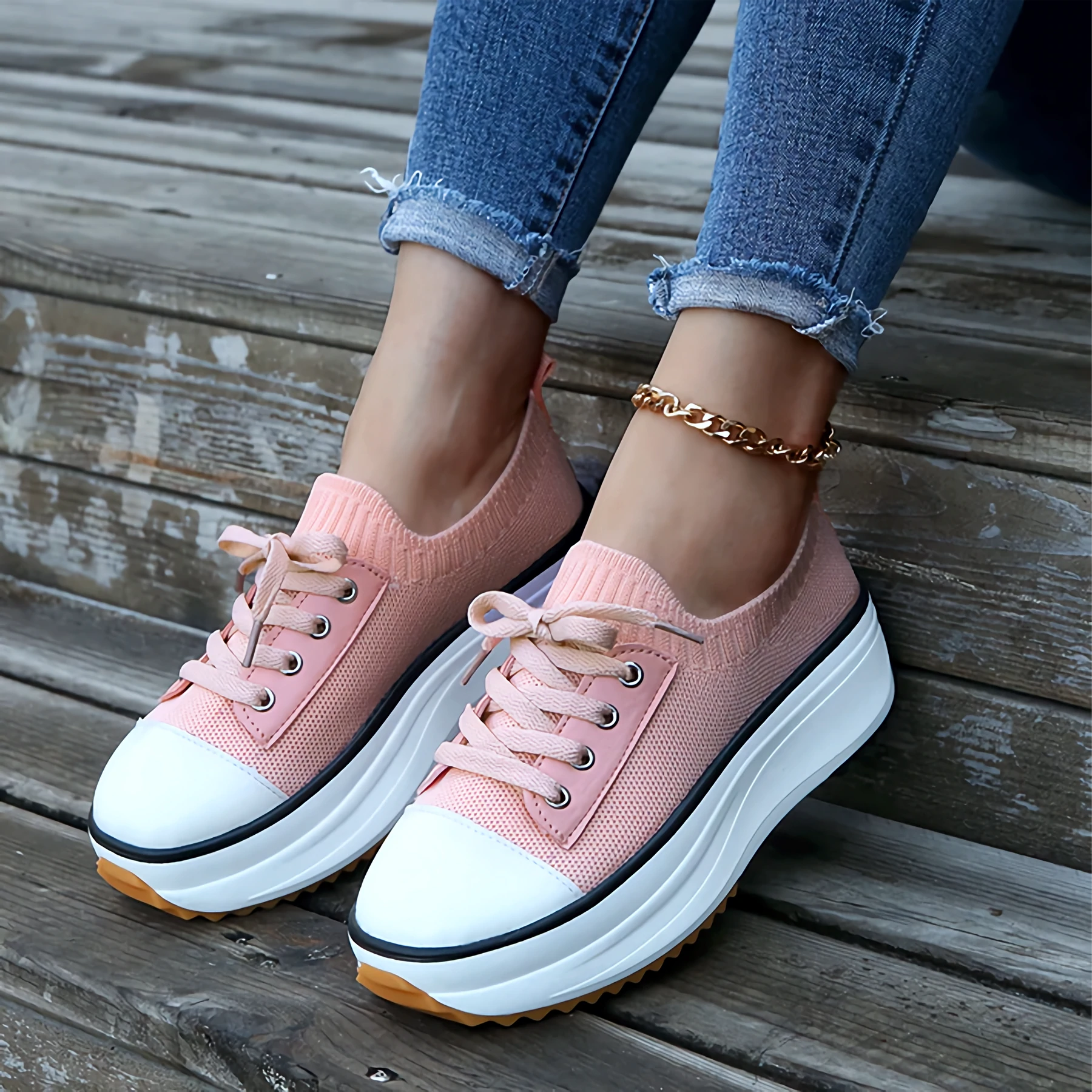 Women's Stylish Platform Sneakers Comfortable Knit Upper 1