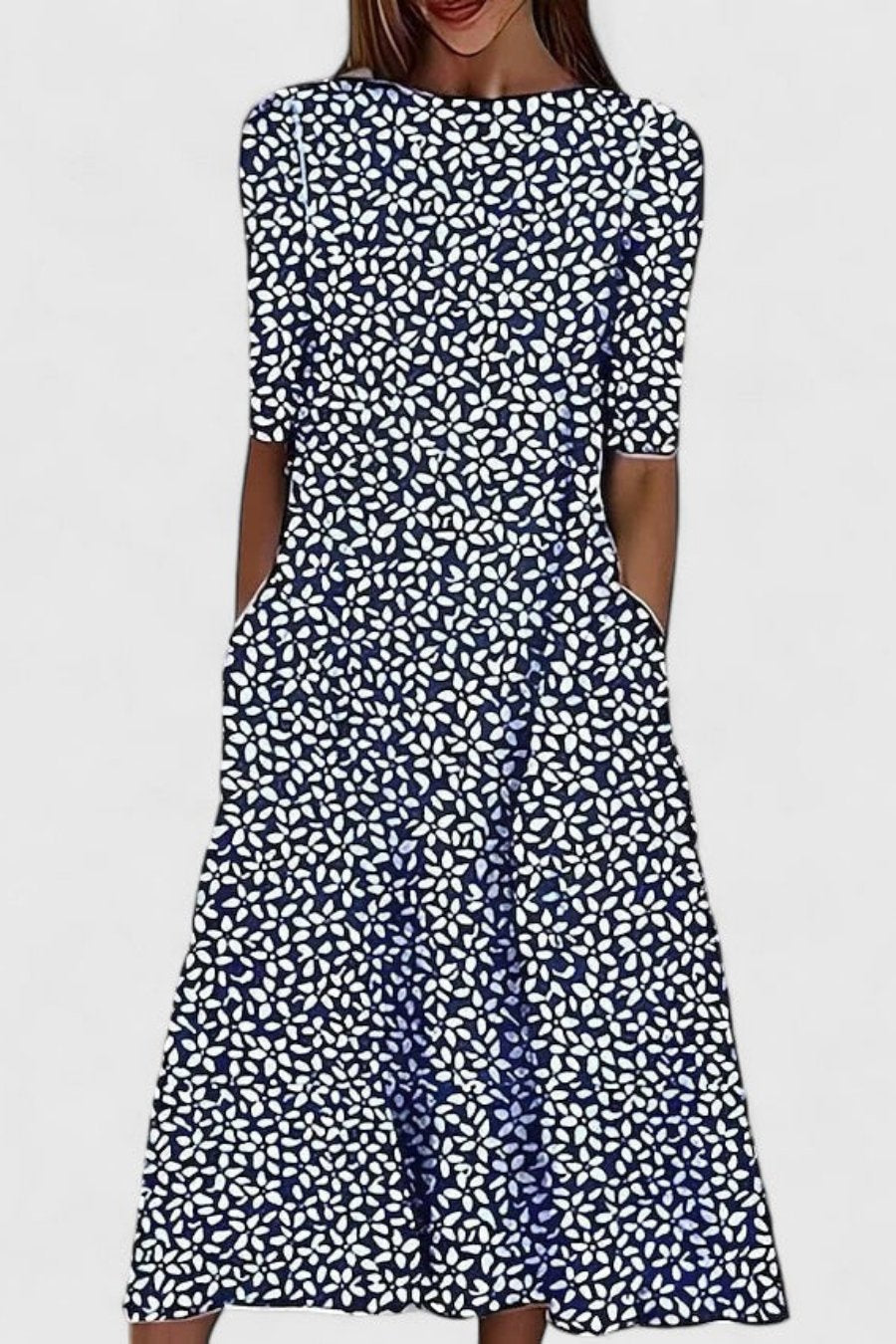 Women's Summer Floral A-Line Midi Dress - Casual Round Neck Dress for Warm Weather Events 2