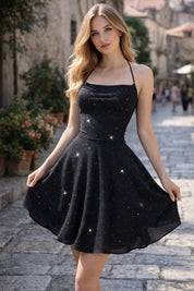 Women's Summer Glitter Halter-Neck Cocktail Dress for Evening Events - Elegant Skater Style 0