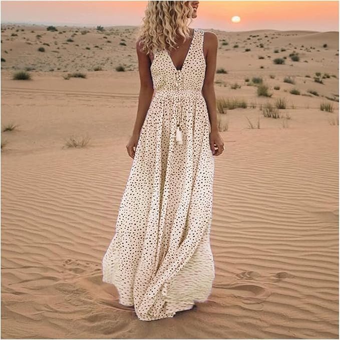 Women's Summer Maxi Dress - Polka Dot Sleeveless V-Neck Boho Sundress for Warm Weather Events 0