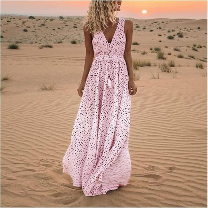 Women's Summer Maxi Dress - Polka Dot Sleeveless V-Neck Boho Sundress for Warm Weather Events 1