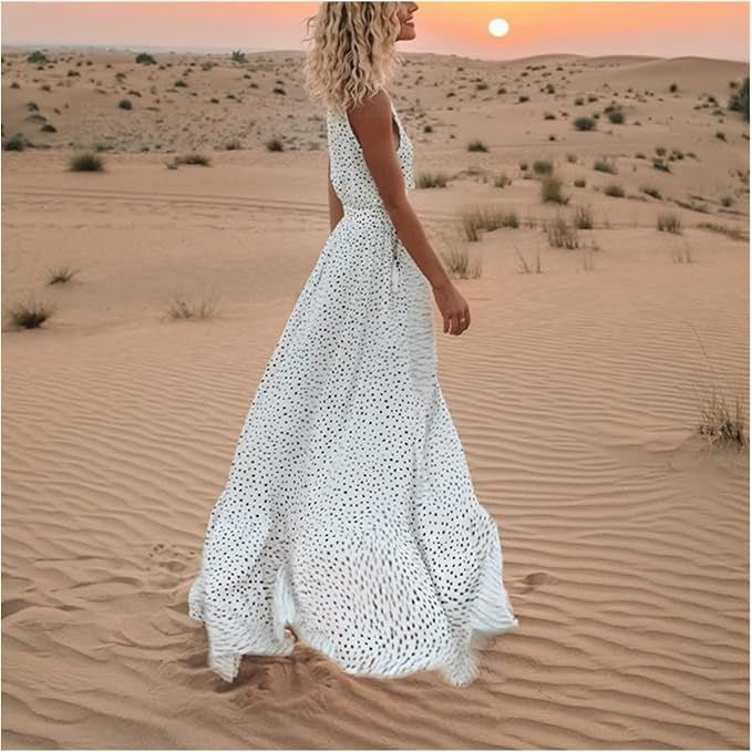 Women's Summer Maxi Dress - Polka Dot Sleeveless V-Neck Boho Sundress for Warm Weather Events 4