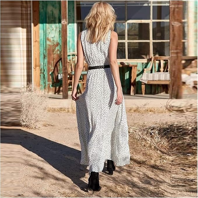 Women's Summer Maxi Dress - Polka Dot Sleeveless V-Neck Boho Sundress for Warm Weather Events 5