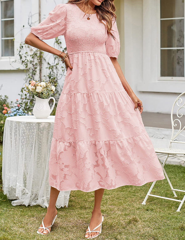Women's Summer Midi Dress with Smocked Bodice, Puff Sleeves, and Tiered Skirt 1