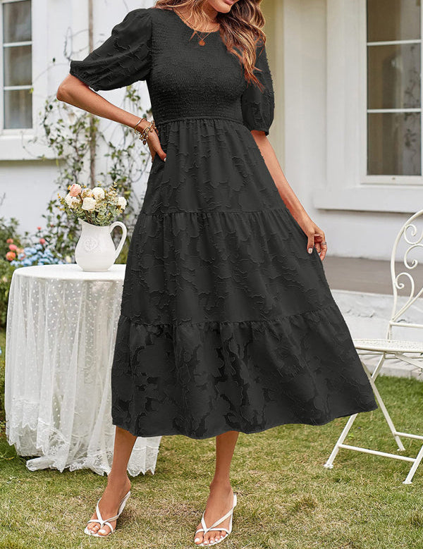 Women's Summer Midi Dress with Smocked Bodice, Puff Sleeves, and Tiered Skirt 10