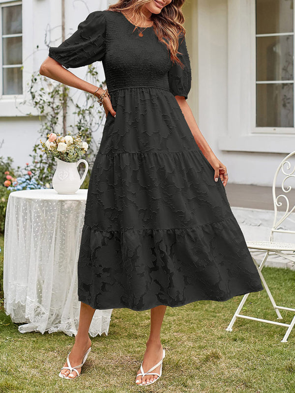 Women's Summer Midi Dress with Smocked Bodice, Puff Sleeves, and Tiered Skirt 10