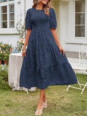 Women's Summer Midi Dress with Smocked Bodice, Puff Sleeves, and Tiered Skirt 11