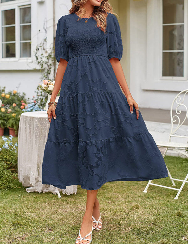 Women's Summer Midi Dress with Smocked Bodice, Puff Sleeves, and Tiered Skirt 11