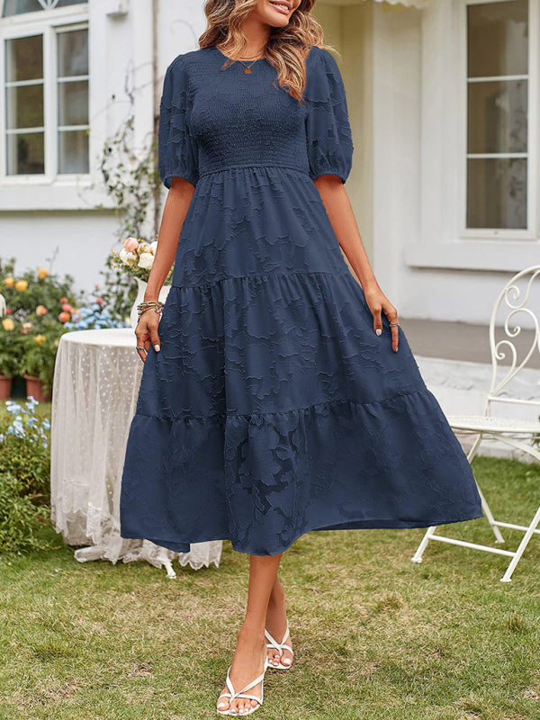 Women's Summer Midi Dress with Smocked Bodice, Puff Sleeves, and Tiered Skirt 11