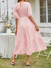 Women's Summer Midi Dress with Smocked Bodice, Puff Sleeves, and Tiered Skirt 2