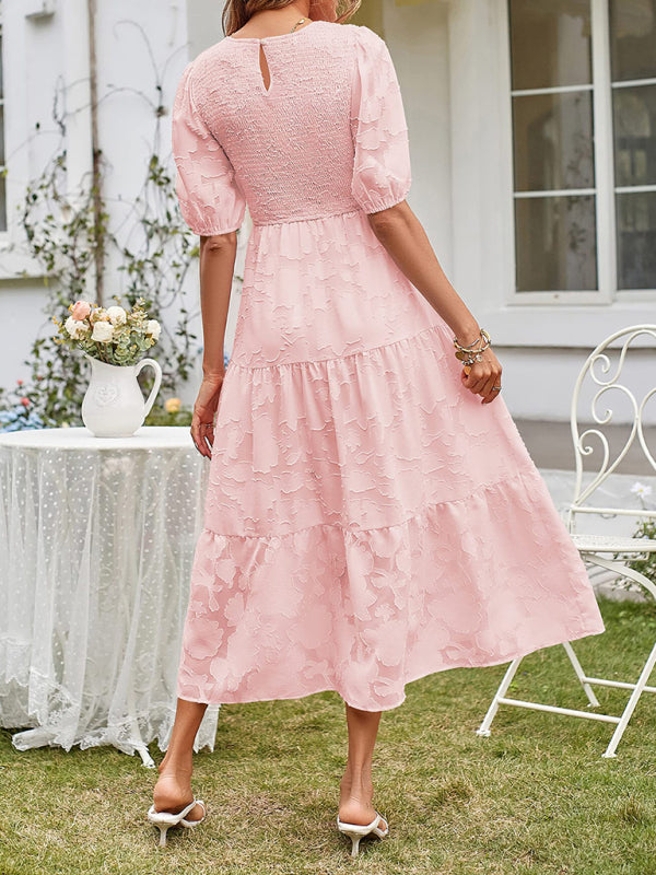 Women's Summer Midi Dress with Smocked Bodice, Puff Sleeves, and Tiered Skirt 2