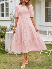 Women's Summer Midi Dress with Smocked Bodice, Puff Sleeves, and Tiered Skirt 4