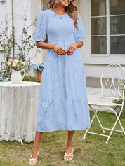 Women's Summer Midi Dress with Smocked Bodice, Puff Sleeves, and Tiered Skirt 5