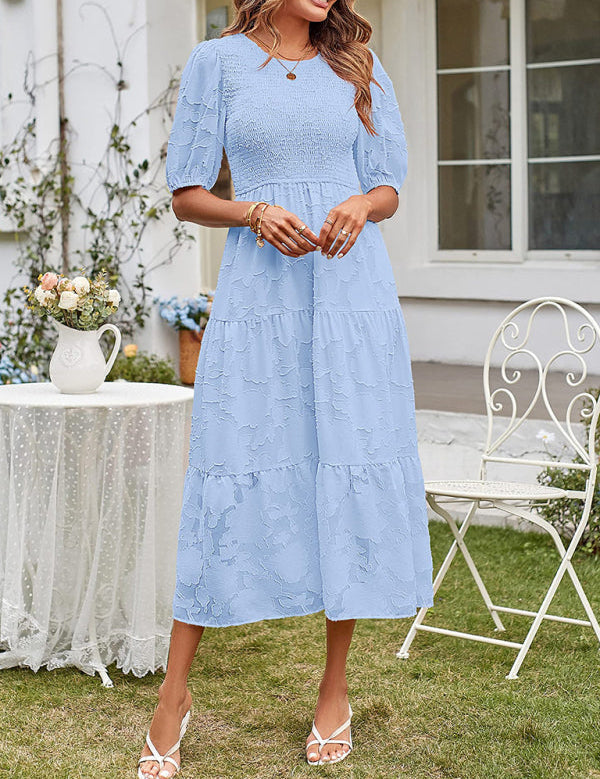 Women's Summer Midi Dress with Smocked Bodice, Puff Sleeves, and Tiered Skirt 5