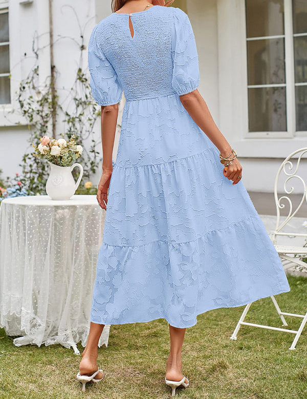 Women's Summer Midi Dress with Smocked Bodice, Puff Sleeves, and Tiered Skirt 6