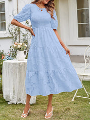Women's Summer Midi Dress with Smocked Bodice, Puff Sleeves, and Tiered Skirt 7