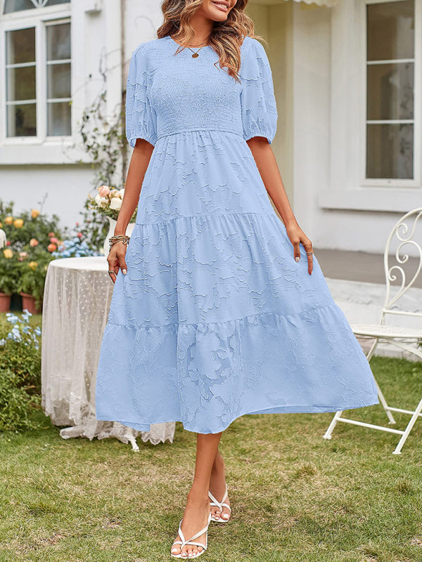 Women's Summer Midi Dress with Smocked Bodice, Puff Sleeves, and Tiered Skirt 8