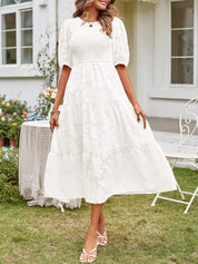Women's Summer Midi Dress with Smocked Bodice, Puff Sleeves, and Tiered Skirt 9