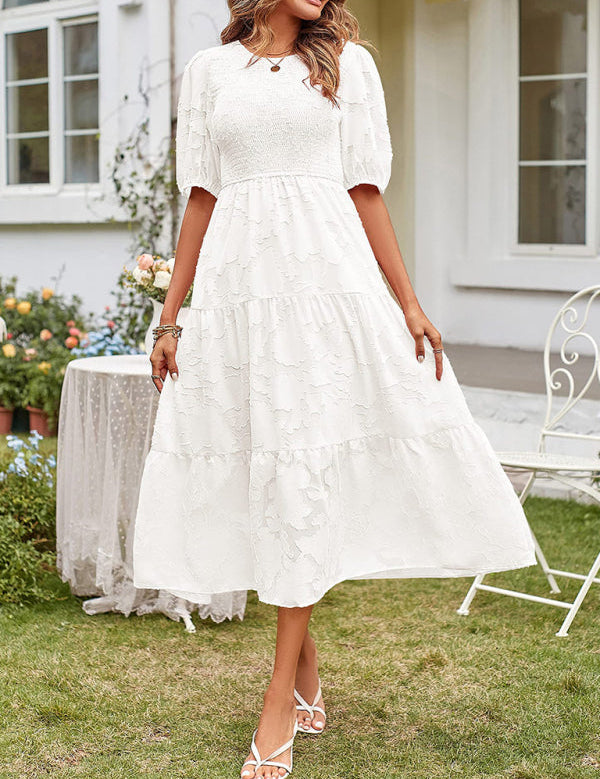 Women's Summer Midi Dress with Smocked Bodice, Puff Sleeves, and Tiered Skirt 9