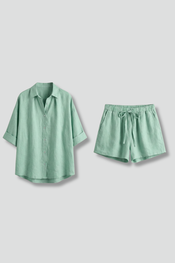Women’s Summer Two-Piece Set Button Front Shirt and Drawstring Shorts 1