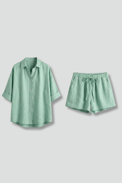 Women’s Summer Two-Piece Set Button Front Shirt and Drawstring Shorts 1
