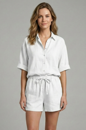 Women’s Summer Two-Piece Set Button Front Shirt and Drawstring Shorts 6