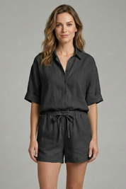 Women’s Summer Two-Piece Set Button Front Shirt and Drawstring Shorts 7