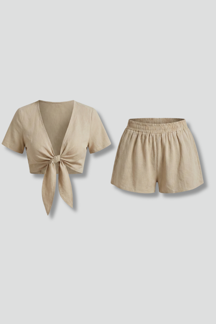 Women’s Summer Two-Piece Set V-Neck Crop Top and Elastic Waist Shorts 1