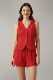 Women’s Summer Two-Piece Set V-Neck Sleeveless Top and Elastic Waist Shorts 0