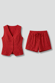 Women’s Summer Two-Piece Set V-Neck Sleeveless Top and Elastic Waist Shorts 1