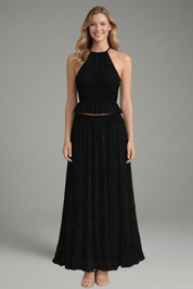 Women’s Summer Two Piece Set Halter Crop Top and Pleated Maxi Skirt 0
