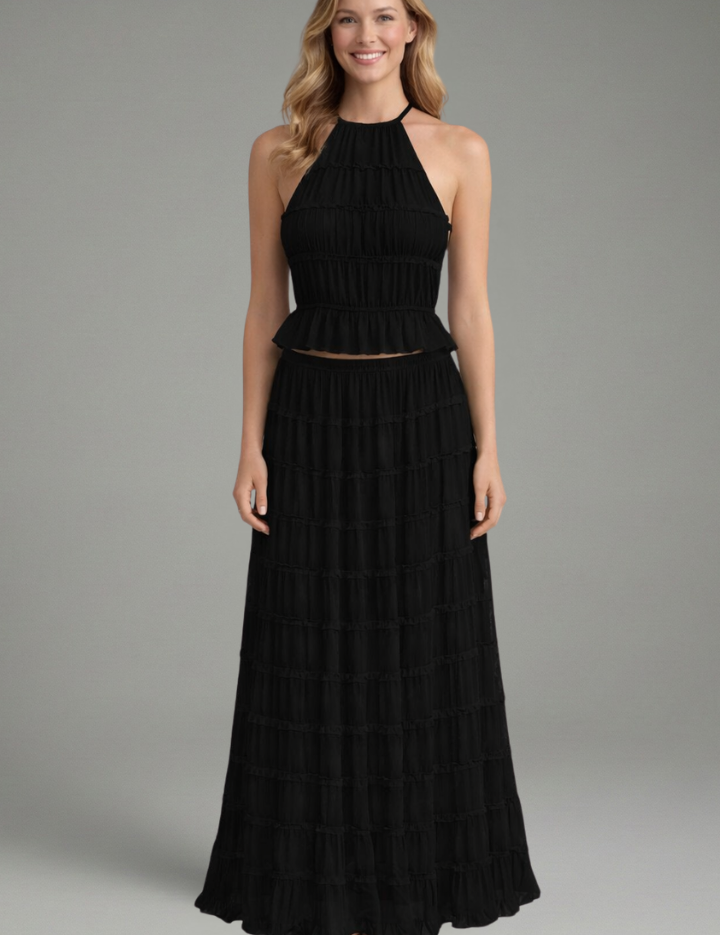 Women’s Summer Two Piece Set Halter Crop Top and Pleated Maxi Skirt 0