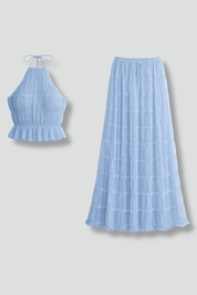 Women’s Summer Two Piece Set Halter Crop Top and Pleated Maxi Skirt 1