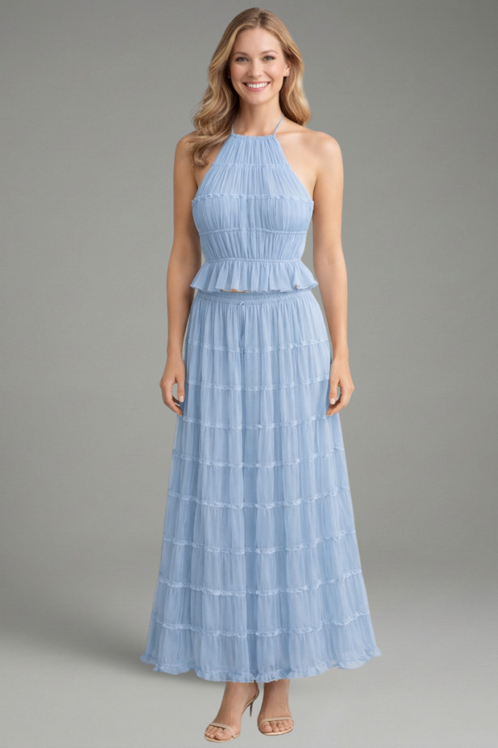 Women’s Summer Two Piece Set Halter Crop Top and Pleated Maxi Skirt 2