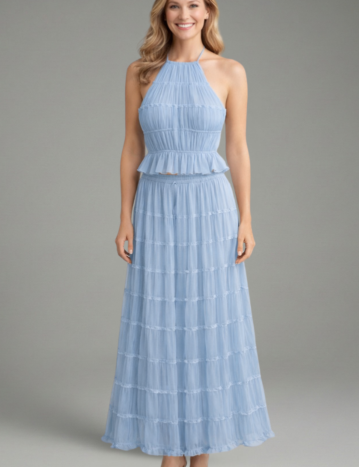 Women’s Summer Two Piece Set Halter Crop Top and Pleated Maxi Skirt 2
