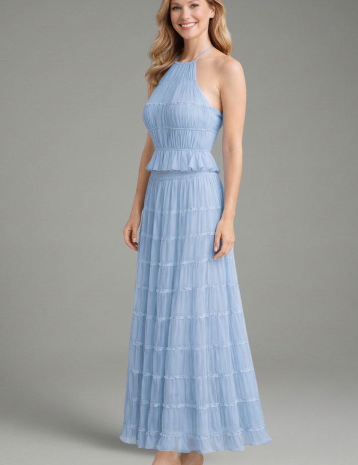 Women’s Summer Two Piece Set Halter Crop Top and Pleated Maxi Skirt 3