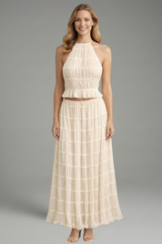 Women’s Summer Two Piece Set Halter Crop Top and Pleated Maxi Skirt 6