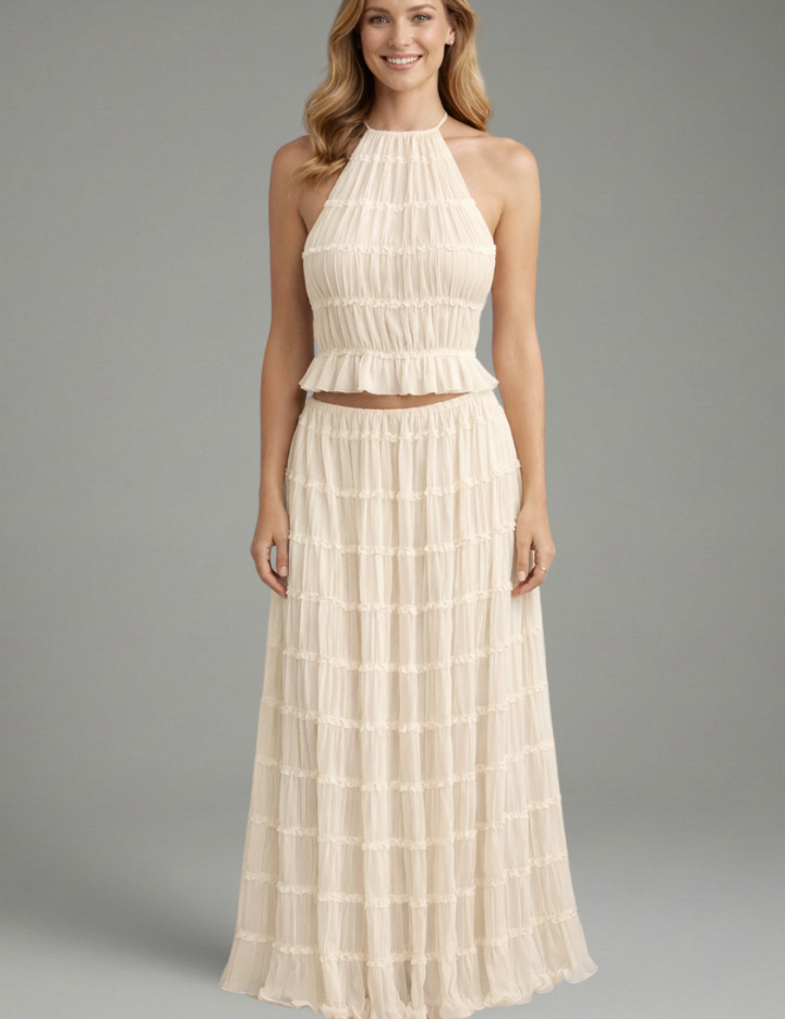 Women’s Summer Two Piece Set Halter Crop Top and Pleated Maxi Skirt 6