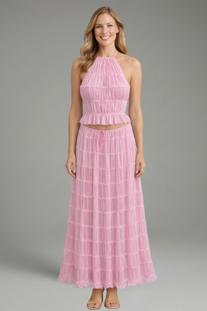 Women’s Summer Two Piece Set Halter Crop Top and Pleated Maxi Skirt 7