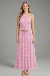 Women’s Summer Two Piece Set Halter Crop Top and Pleated Maxi Skirt 7