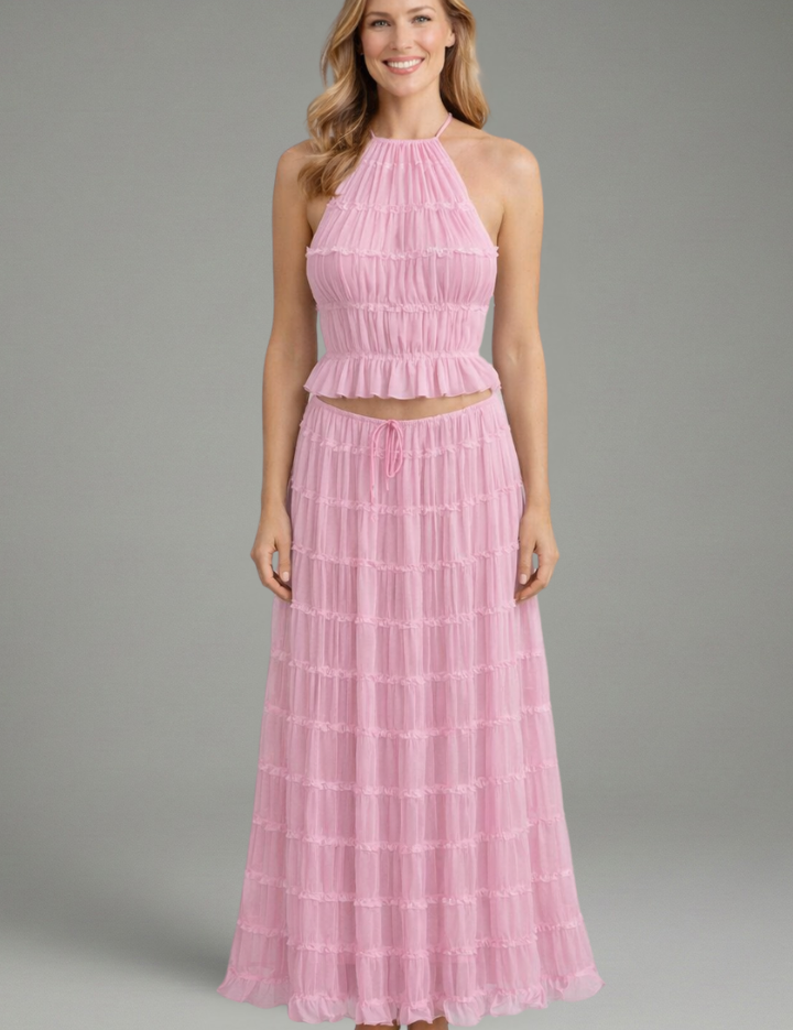Women’s Summer Two Piece Set Halter Crop Top and Pleated Maxi Skirt 7