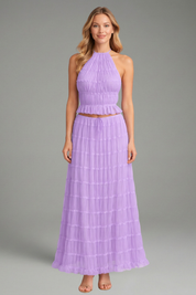 Women’s Summer Two Piece Set Halter Crop Top and Pleated Maxi Skirt 8