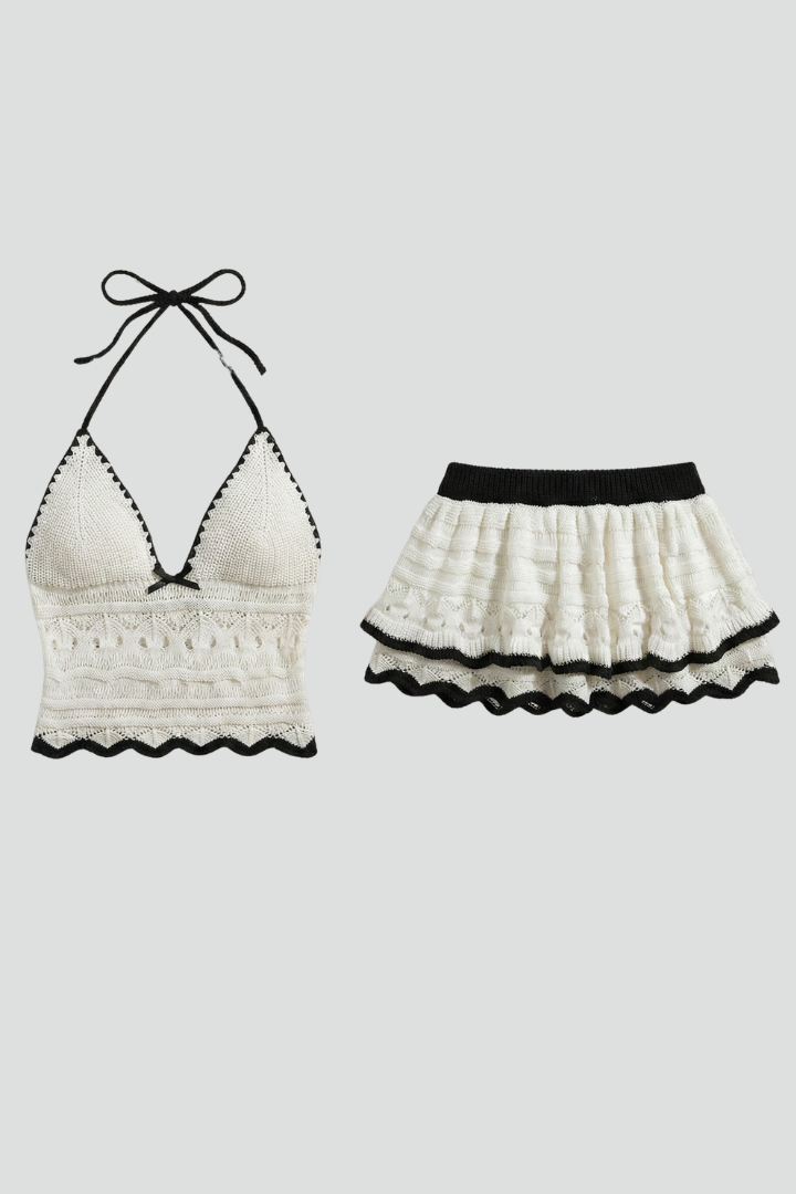 Women’s Summer Two Piece Set Halterneck Crop Top with Ruffle Mini Skirt 1