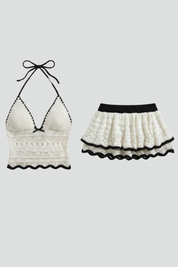 Women’s Summer Two Piece Set Halterneck Crop Top with Ruffle Mini Skirt 1