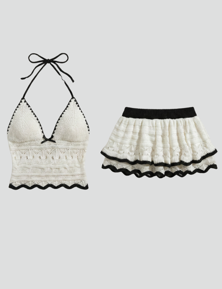 Women’s Summer Two Piece Set Halterneck Crop Top with Ruffle Mini Skirt 1