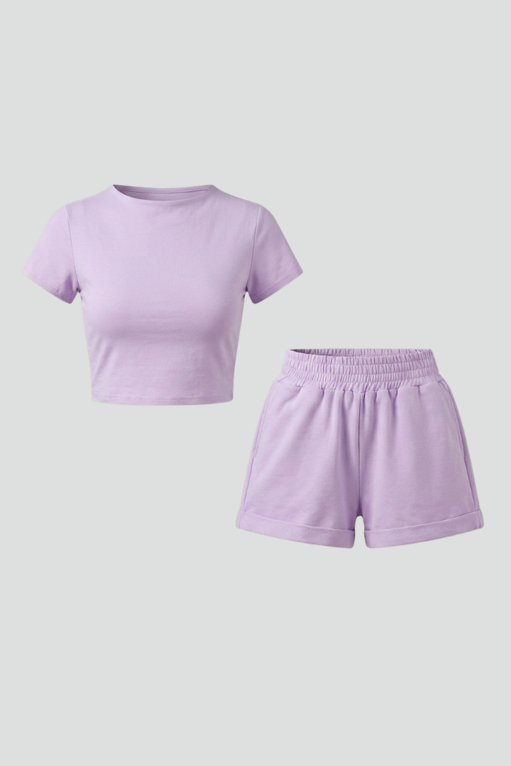 Women’s Summer Two Piece Set with Short Sleeve Crop Top and Elastic Waist Shorts 1
