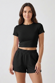 Women’s Summer Two Piece Set with Short Sleeve Crop Top and Elastic Waist Shorts 5