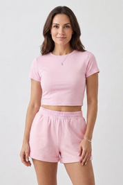 Women’s Summer Two Piece Set with Short Sleeve Crop Top and Elastic Waist Shorts 7