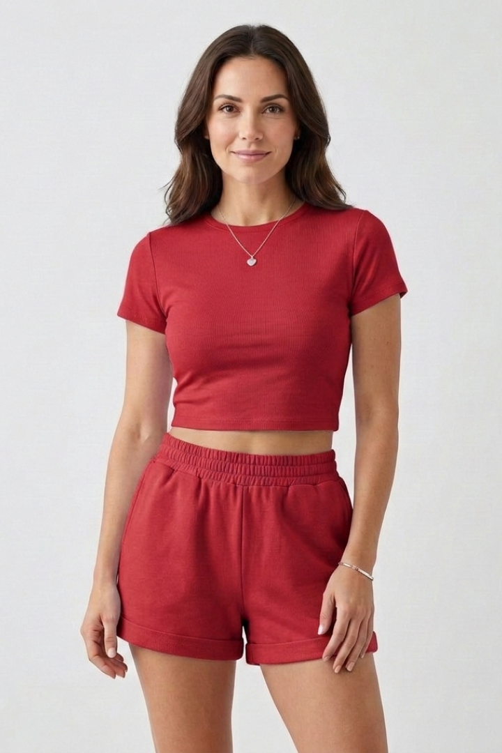 Women’s Summer Two Piece Set with Short Sleeve Crop Top and Elastic Waist Shorts 9