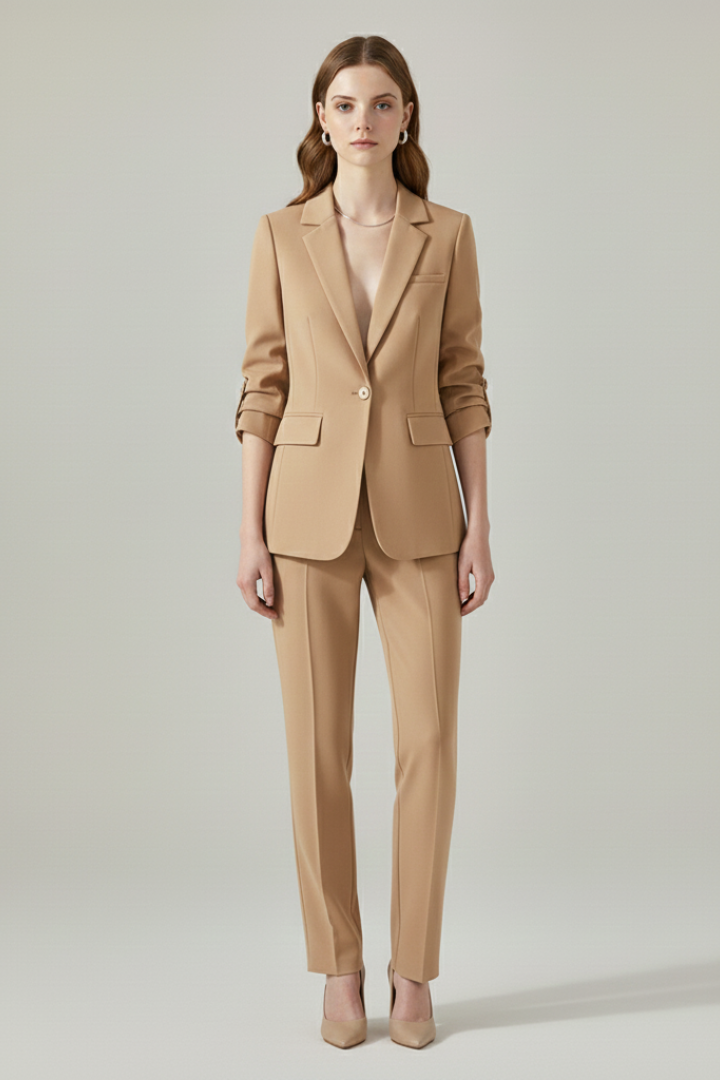Women’s Tailored Blazer Set with Notched Lapel and Straight-Leg Trousers 0